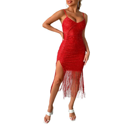 CLAUBTY Sequin Dress Women Sexy Night Club Party Dress Spaghetti Strap Tassel Dress Backless Bodycon Vestidos -Going Out Dresses -Rave Mates