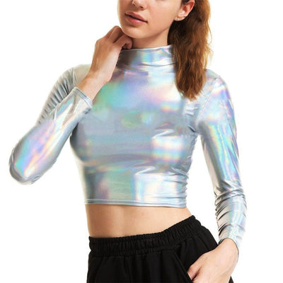 Liquid Metallic Long Sleeve Crop Top -Crop Top -Rave Mates