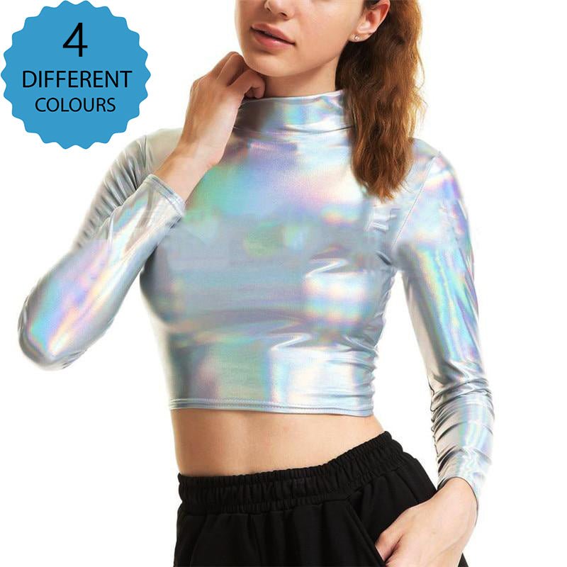 Liquid Metallic Long Sleeve Crop Top -Crop Top -Rave Mates