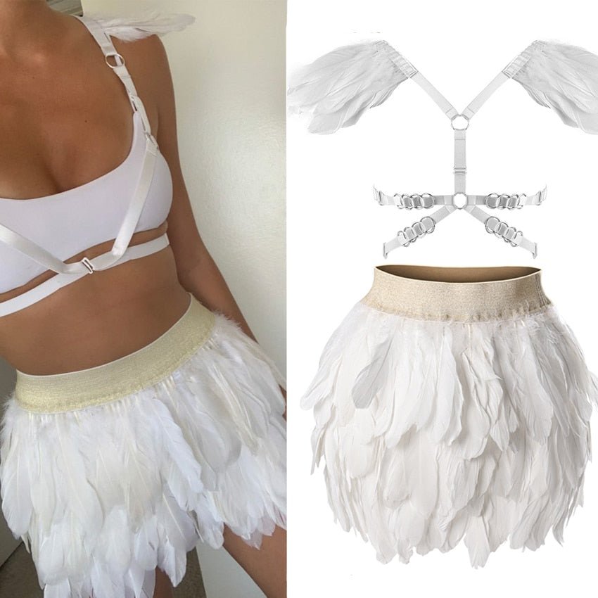 White Angel Wings Swan Feather Mini Skirt -Women's Rave Outfits -Rave Mates